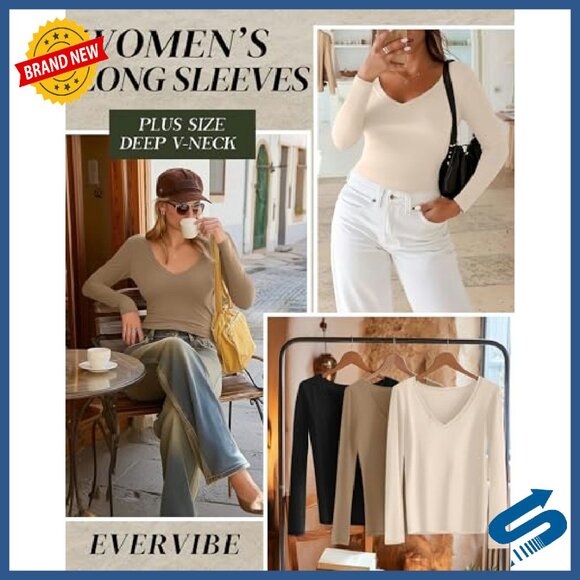 Plus Size Long Sleeve V-Neck T-Shirts 3 Pack Slim Fit Cotton Blend - Picture 3 of 8